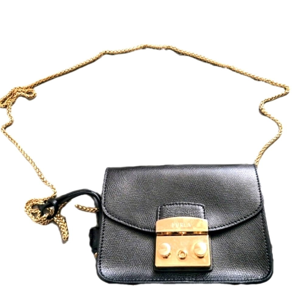Furla Black Leather Crossbody Bag with Gold Chain, Key, And Authenticity Cards